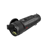 A black thermal monocular with a matching protective lens hood, featuring a textured grip, side buttons, and a small red 'VISTA' logo.