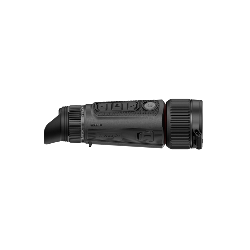 A black thermal imaging monocular with a textured grip and ribbed focusing rings, shown from the side.