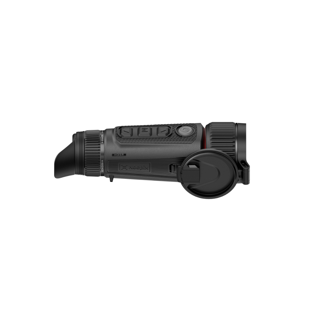 A black thermal monocular with a textured grip and a side-mounted lens cover.