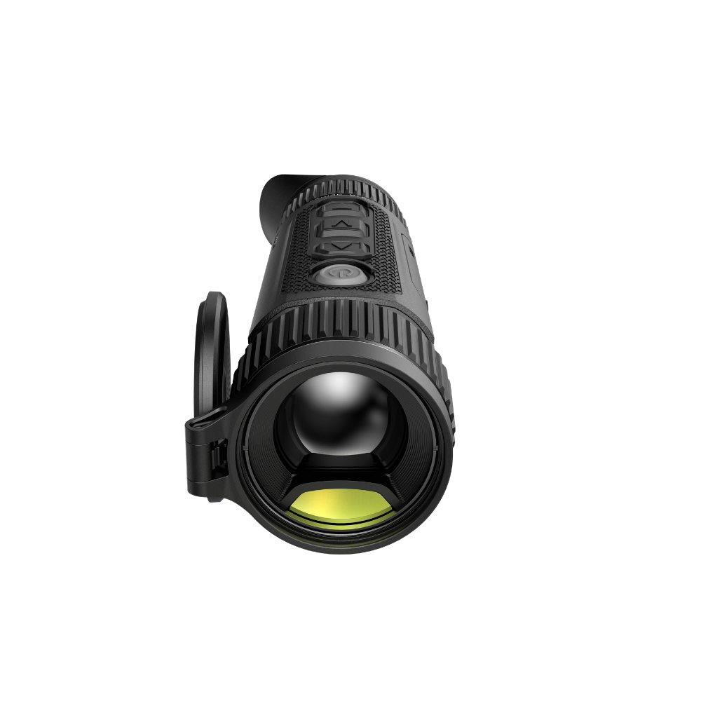 A black thermal monocular with a flip-up lens cover, shown from a top-down perspective.