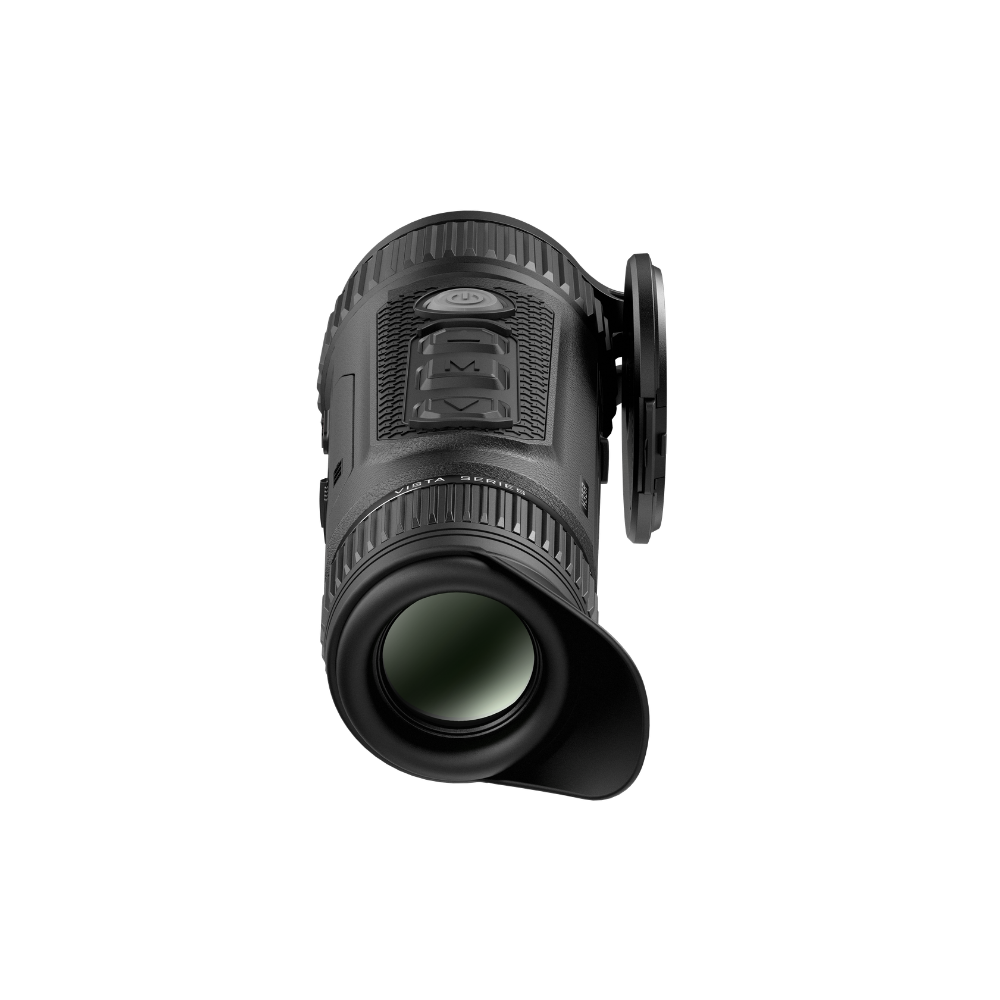 A black thermal monocular device with a flip-up cover, shown from a three-quarters perspective.