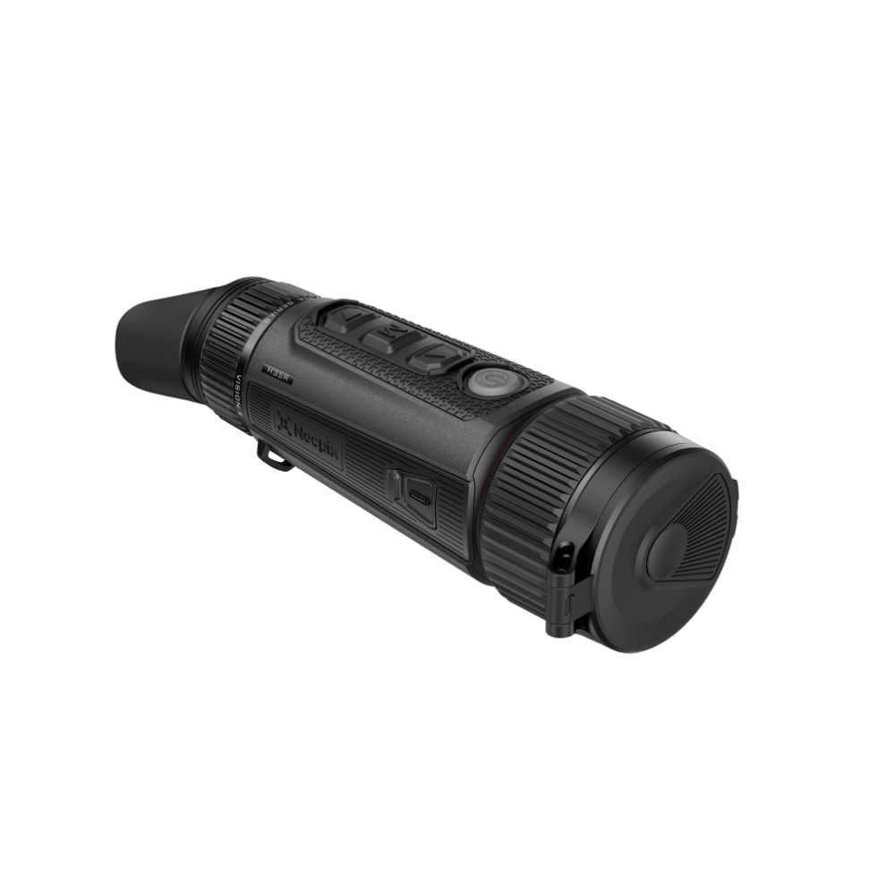 A black thermal monocular device with a textured grip, side buttons, and a small strap clip, shown at an angle.