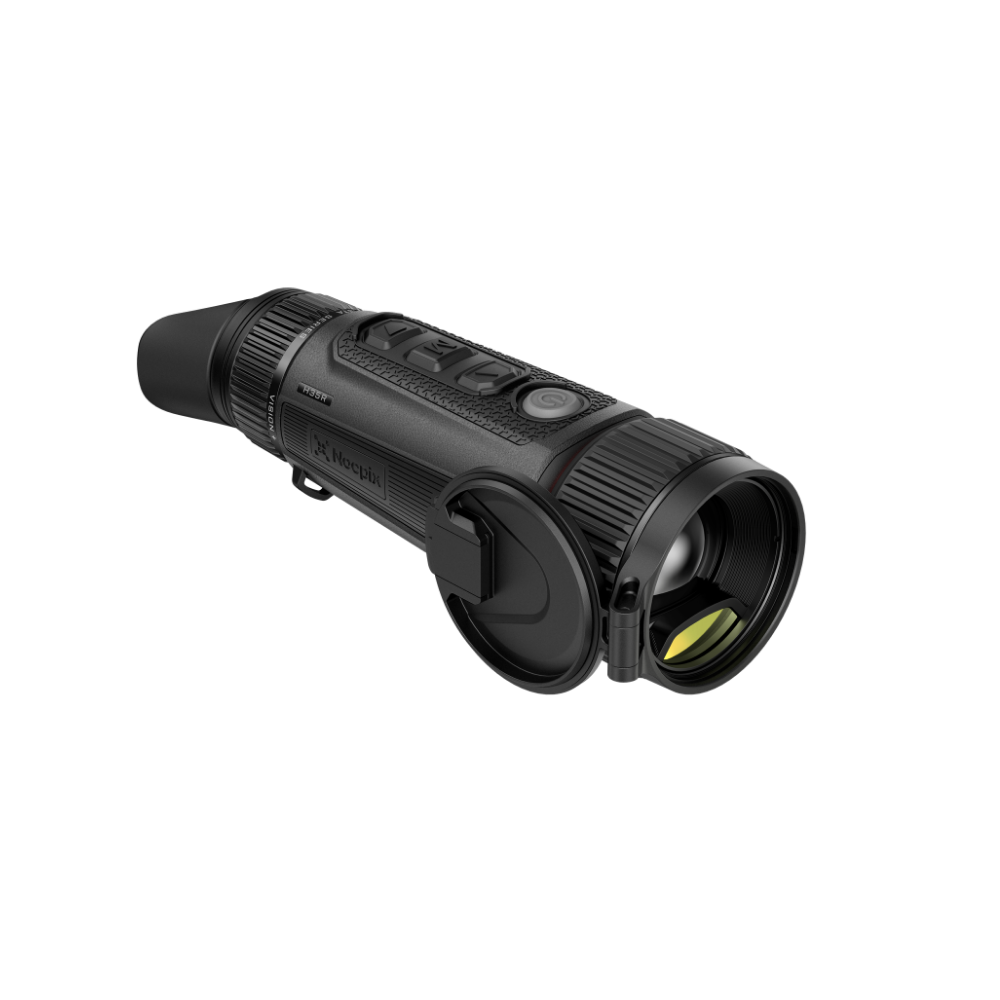 A black thermal monocular device with a textured grip, side buttons, and a protective lens cover.