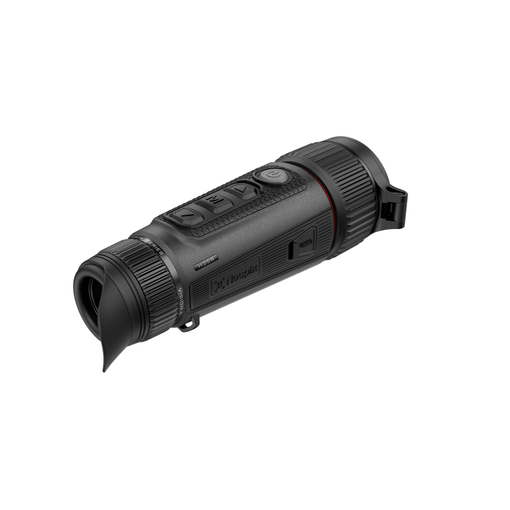 A black thermal monocular device with a rubberized lens hood, textured grip, and control buttons.