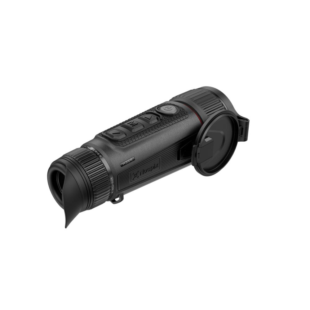 A black thermal monocular device with a flip-up lens cover, shown at an angle.