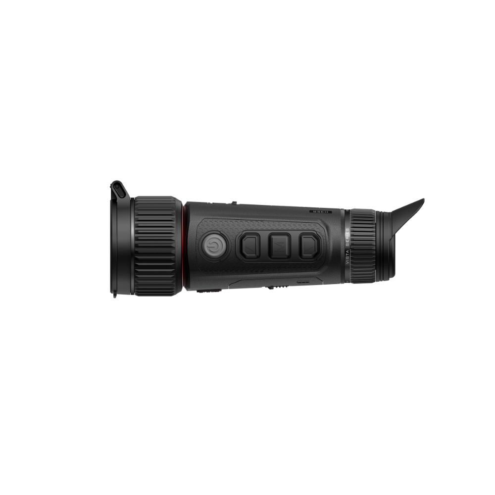 A black thermal monocular device shown from a side profile view.