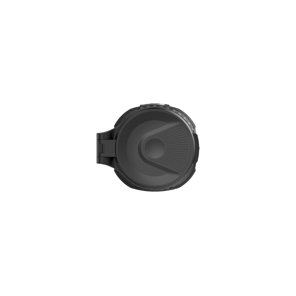 A black single-view monocular shown from the front view with lens cap on.