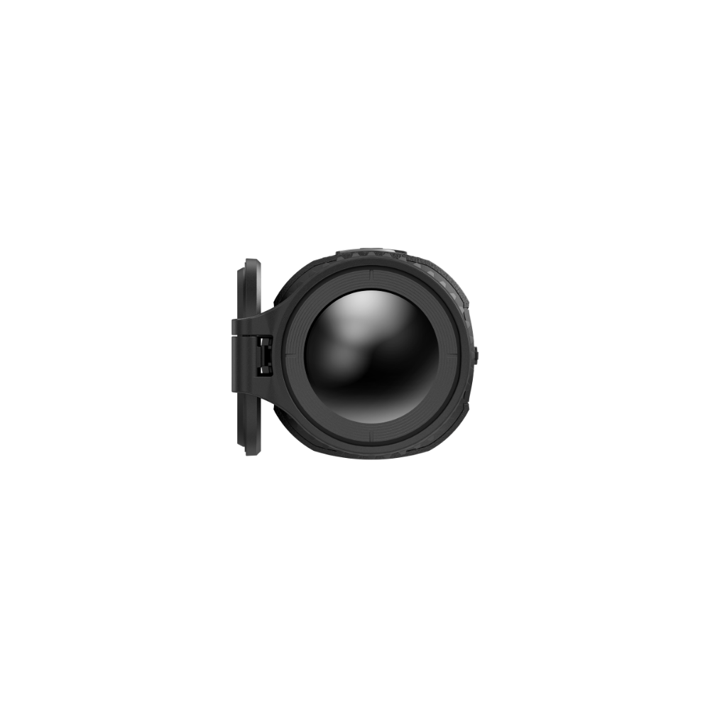 A black single-view monocular shown from the front with lens cap off.