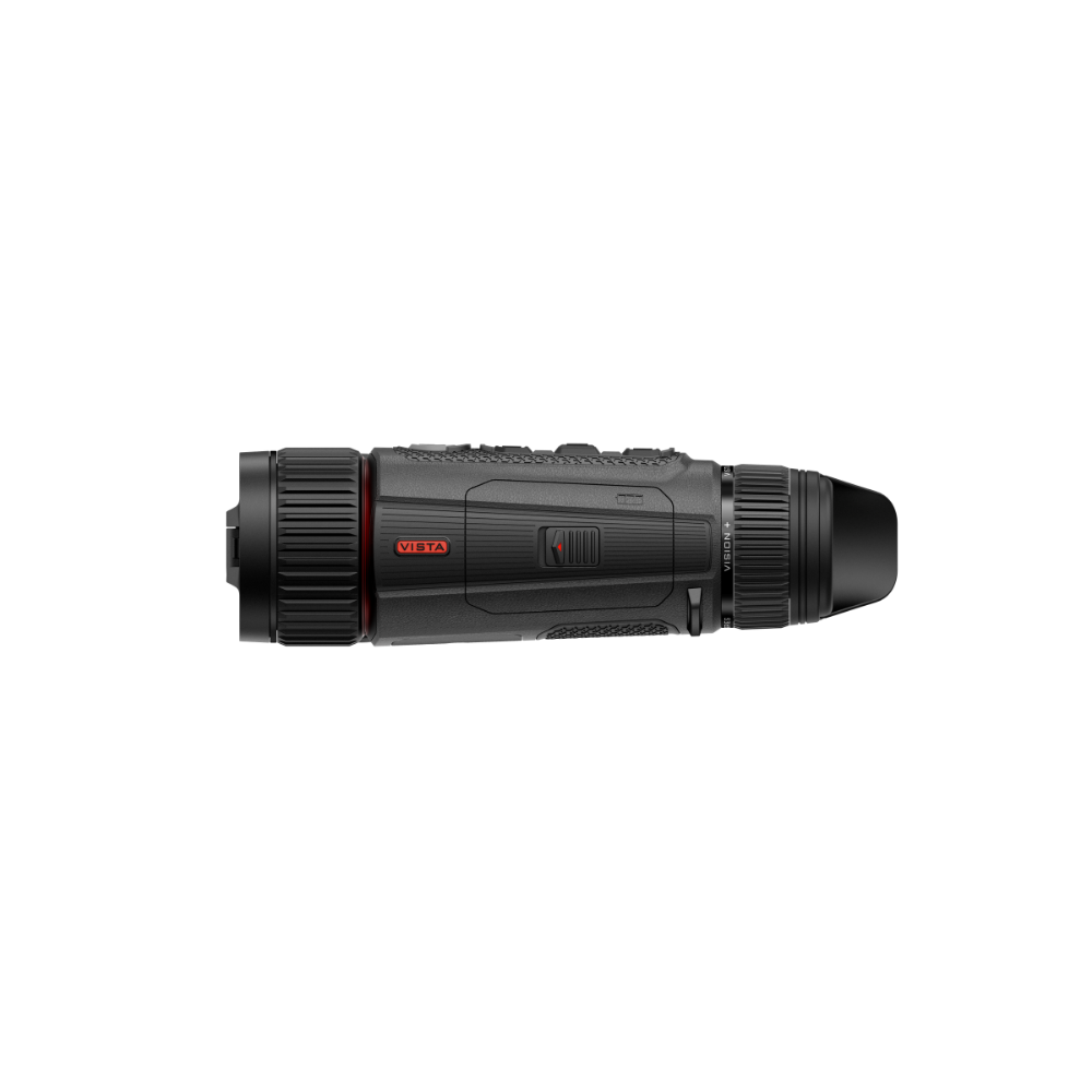 A black thermal monocular device with a textured grip and a small red 'Vista' logo, shown horizontally.