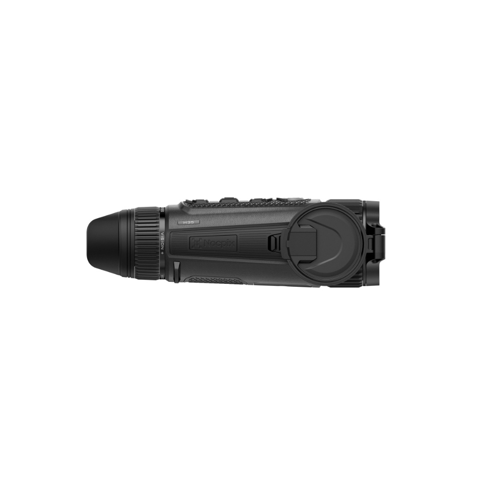 A black thermal imaging monocular device shown from a side profile view.