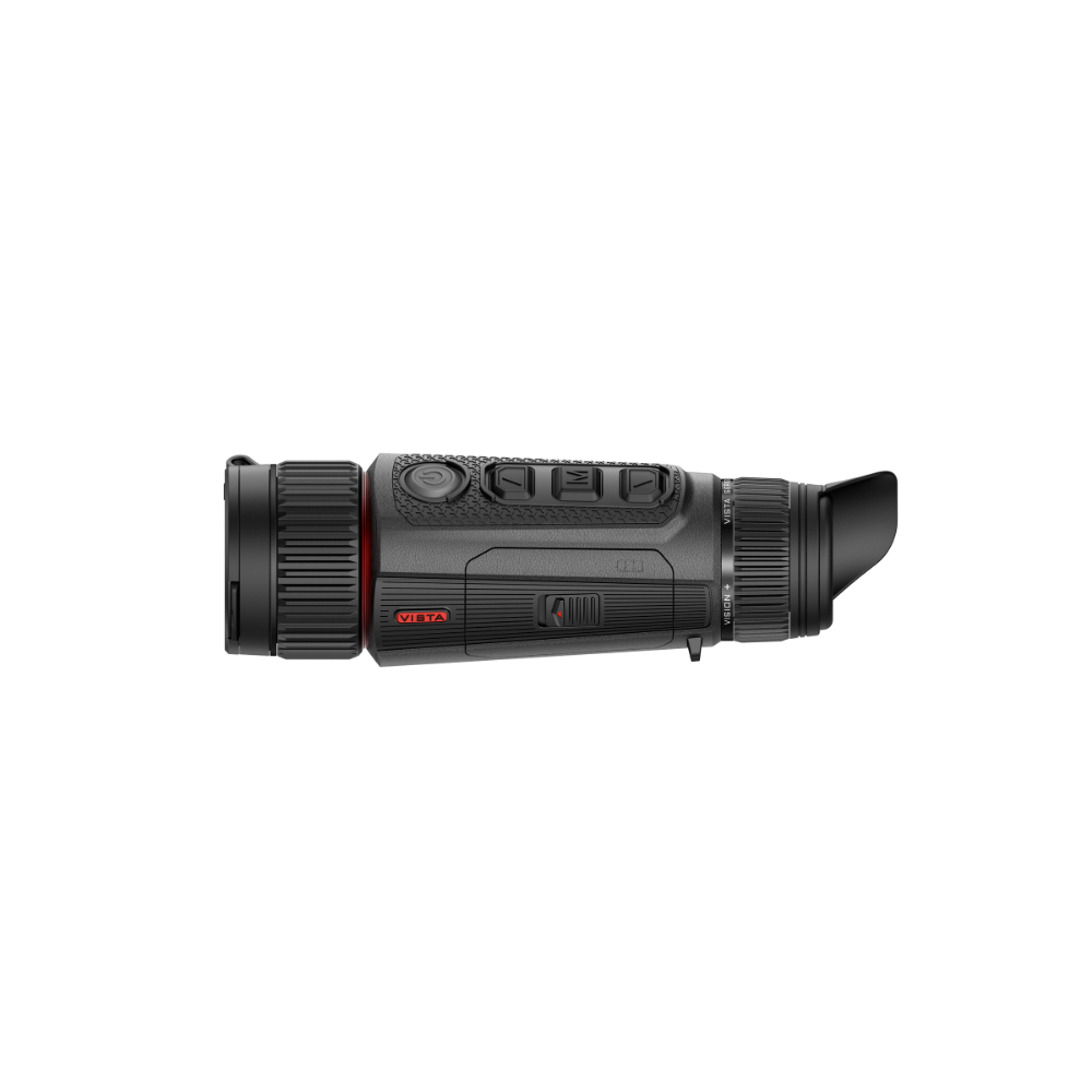 A black thermal monocular device with a red accent ring and red branding, shown from a side profile view.