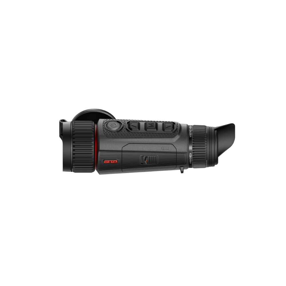 A black thermal imaging monocular device shown from a side profile view. The device features a textured grip, a red accent ring, and a small red logo on the side.