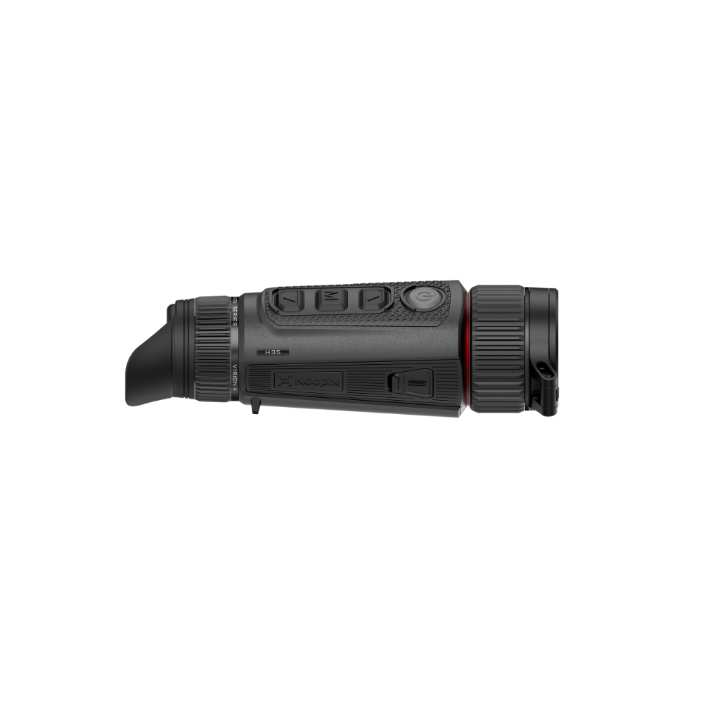 A black thermal monocular device, identified as a Nocpix Vista H35 with a red accent ring, shown from a side profile.