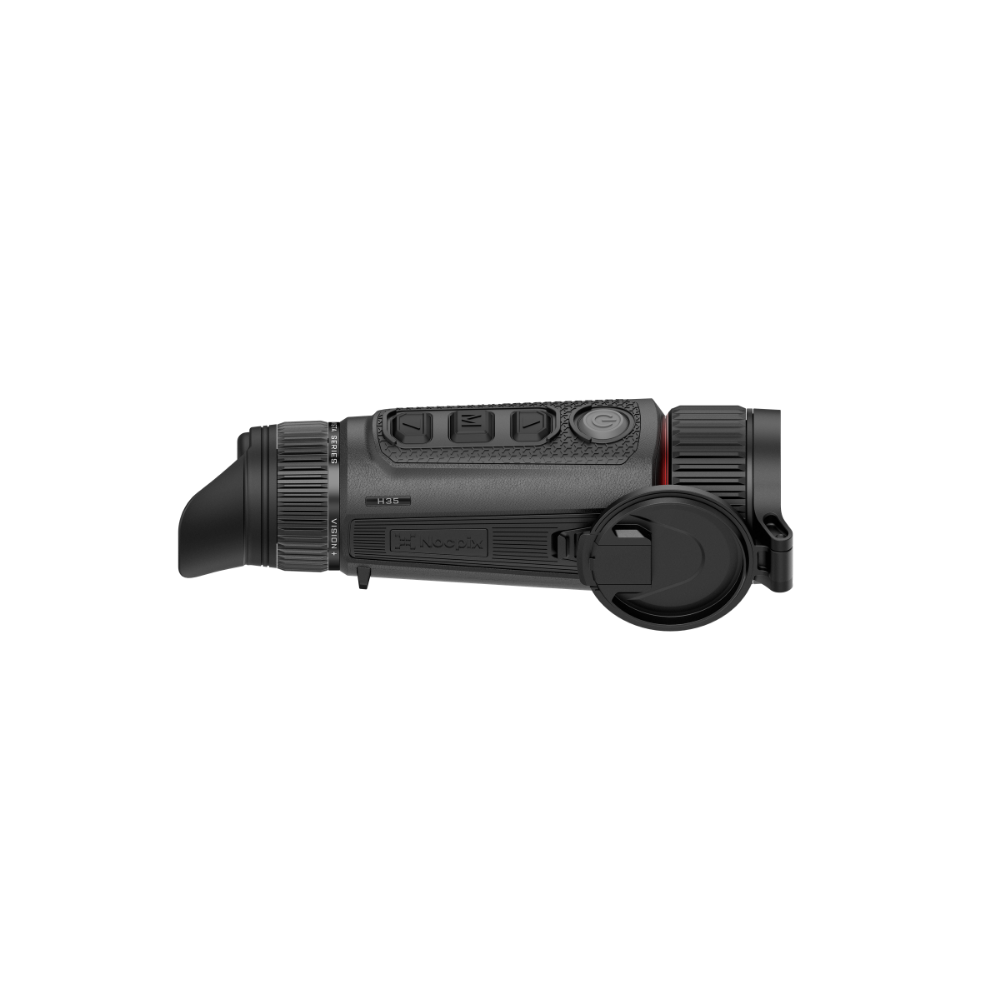 A black thermal monocular device with an integrated eyepiece and a circular lens cover, shown from a side profile view.