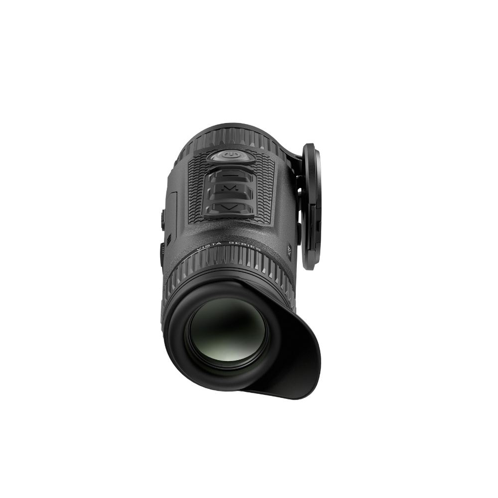 A black thermal monocular device with a front lens hood, shown from a high-angle perspective.