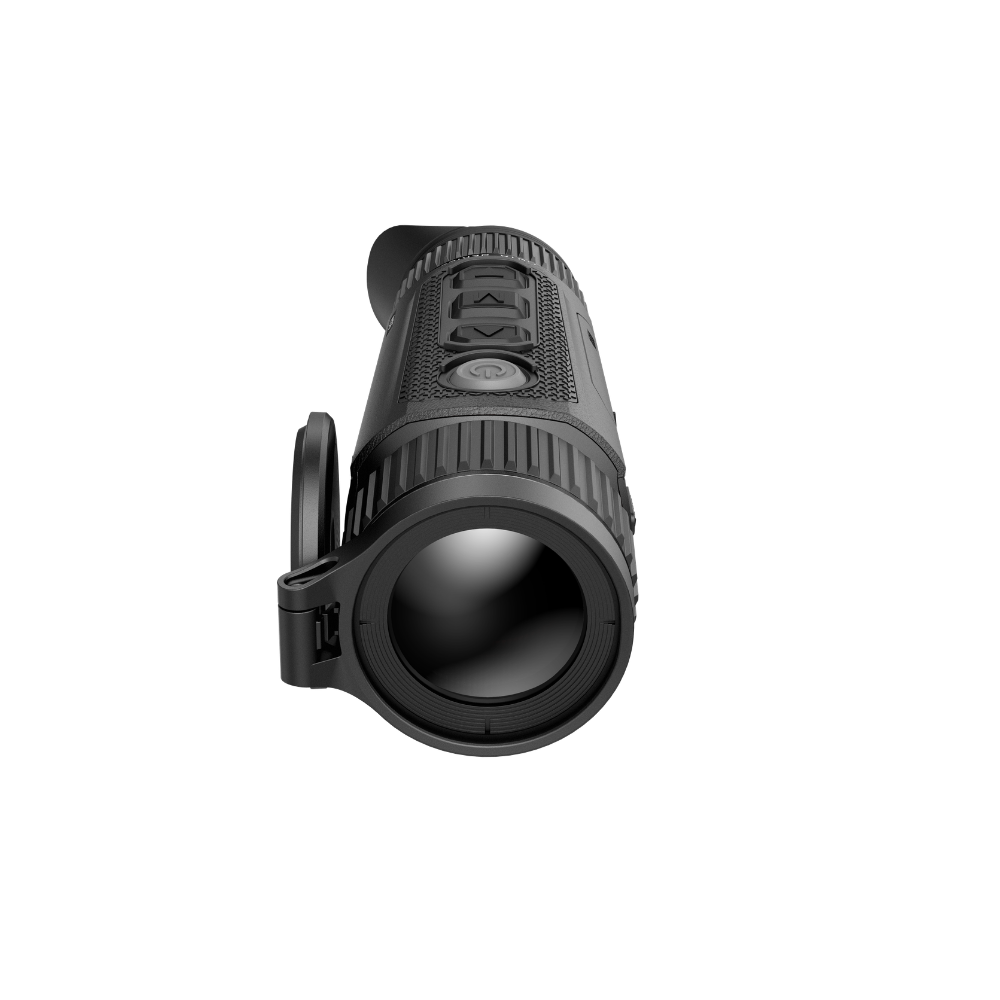 A black thermal monocular device with a side attachment loop, shown from an angled top-down view.