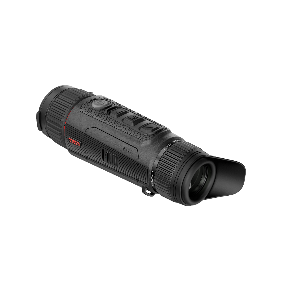 A black thermal monocular with a red and white Vista logo on the side, shown at an angle.