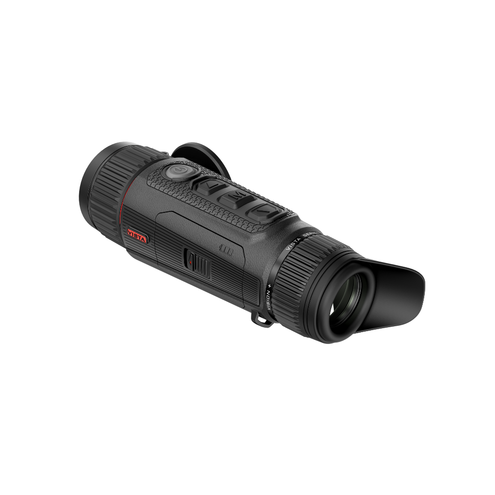 A black thermal monocular with red accents, shown at an angle.