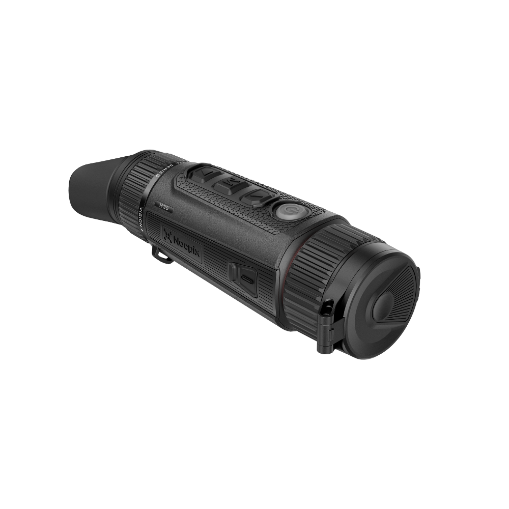A black thermal monocular with textured grip buttons and a small clip, shown at an angle.