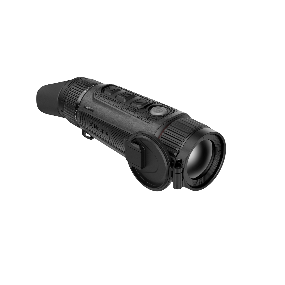 A black thermal monocular with a flip-up lens cover, shown at an angle.