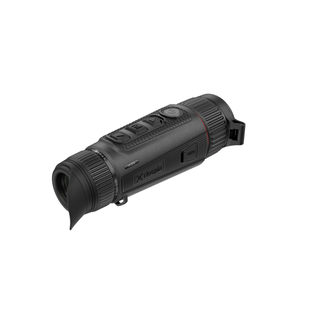 A black thermal monocular with a rubberized grip, textured controls, and a small red accent ring.