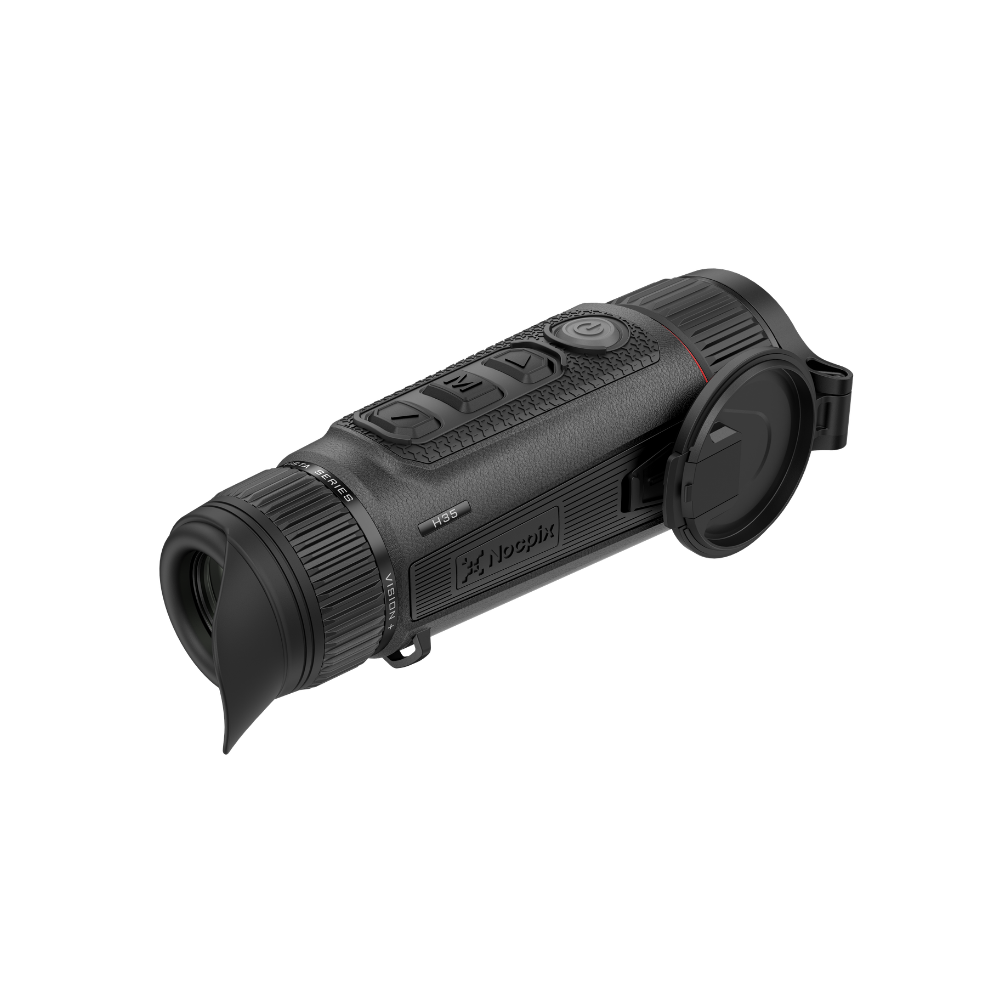 A black thermal monocular with a textured grip, control buttons, and a lens cover.