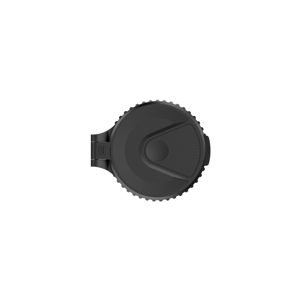 A black thermal monocular device, shown from a front view with lens cap on.