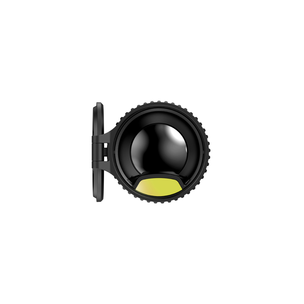 A black thermal monocular device, shown from a front view with lens cap off.