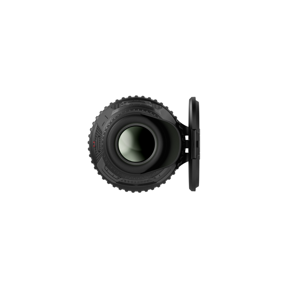 A black thermal monocular device, shown from a front view with lens cap off.