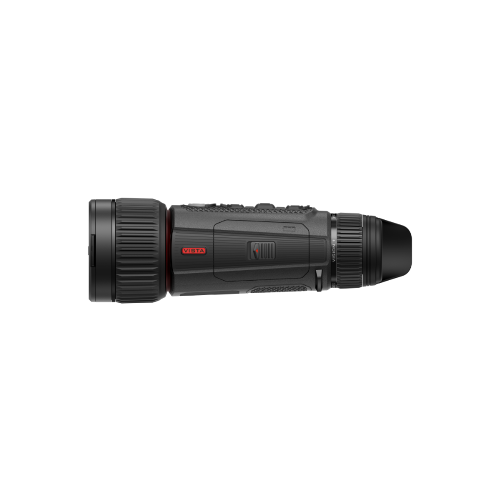 A black thermal monocular device with a textured grip, side buttons, and a small red 'Vista' logo, shown horizontally.