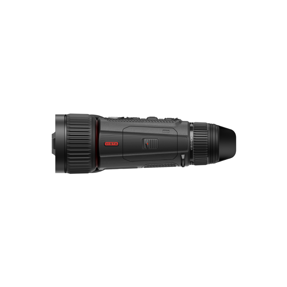 A black thermal monocular device, shown from a side view.