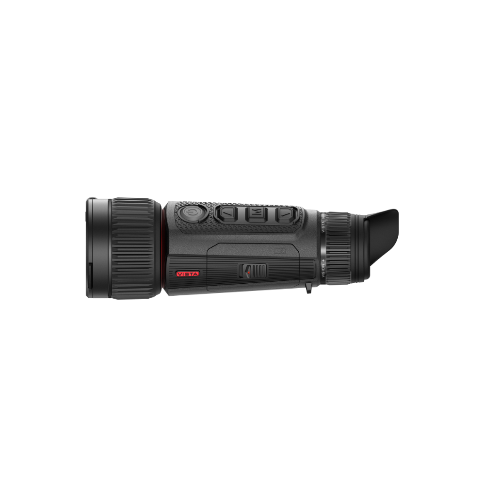A black thermal monocular device shown from a side profile view, featuring a textured grip and a small red brand logo.
