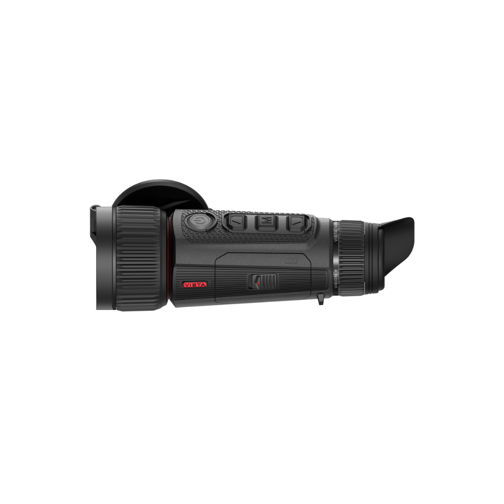 A black thermal monocular device shown from a side profile view. The device features a textured grip, a red and black 'VISTA' logo on the front, and a black protective lens hood and eyepiece.
