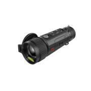 A black thermal monocular with a large front lens, textured grip, and a small red logo on the side.
