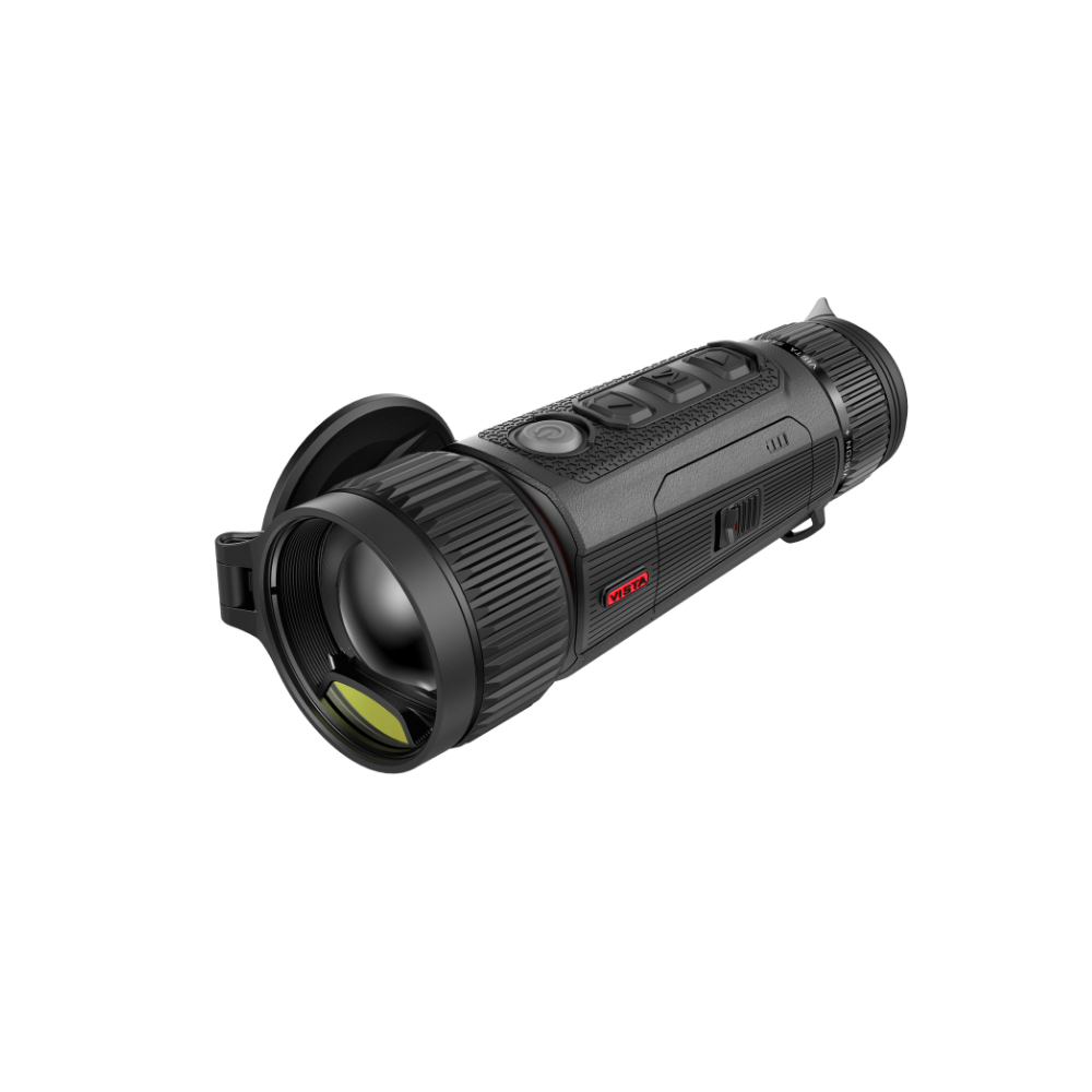 A black thermal monocular with a large front lens, textured grip, and a small red logo on the side.