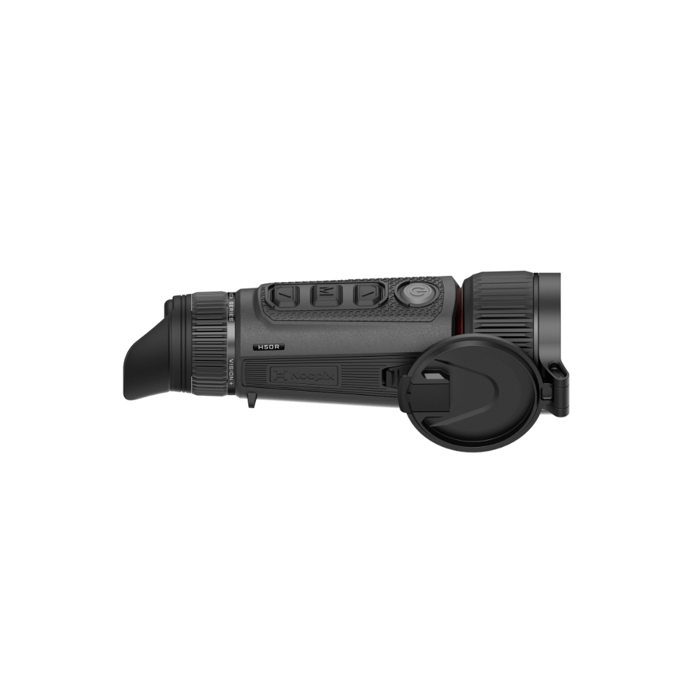 A black thermal monocular with a textured grip and a black lens cover attached.