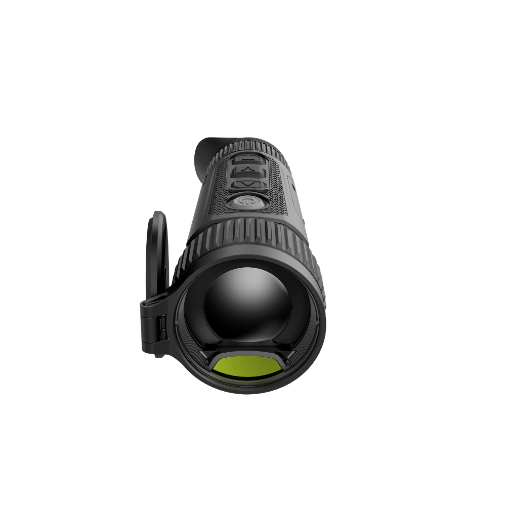 A black thermal monocular device, shown from a front view with lens cap off.