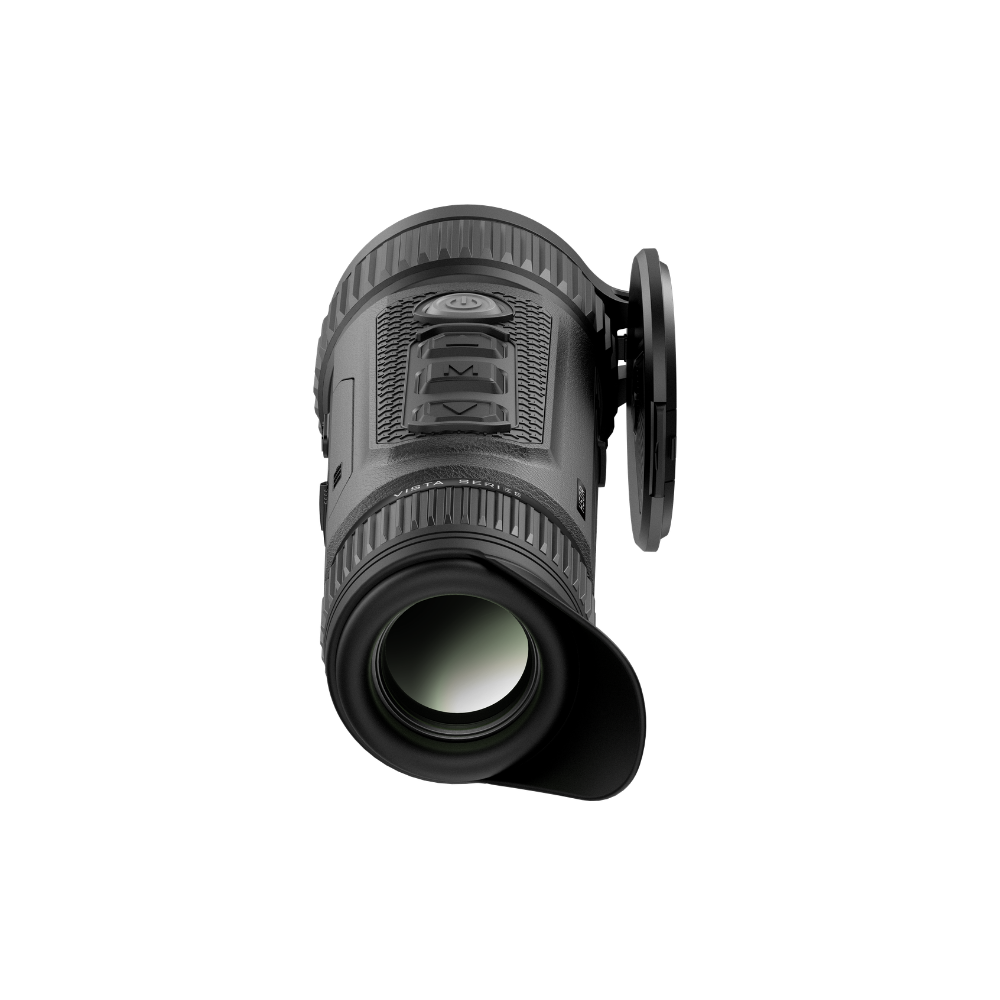 A black thermal monocular device, shown from a front view with lens cap off.