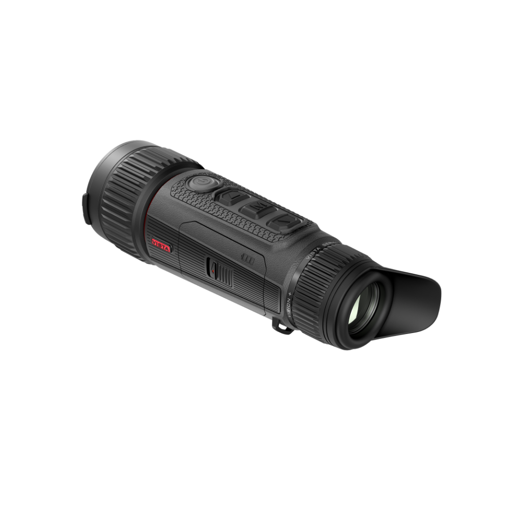 A black thermal monocular device with a red and white logo, shown at an angle.