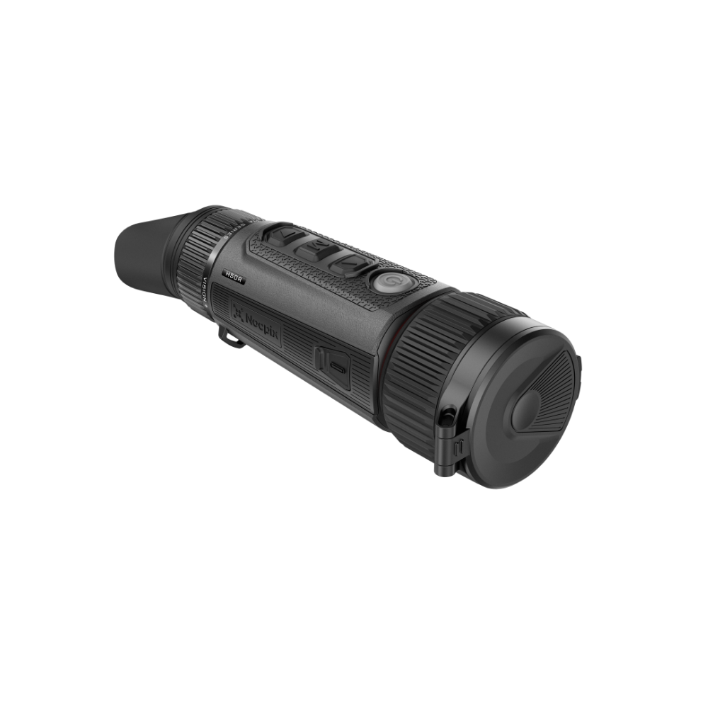 A black thermal monocular device, shown at an angle with lens cap on.