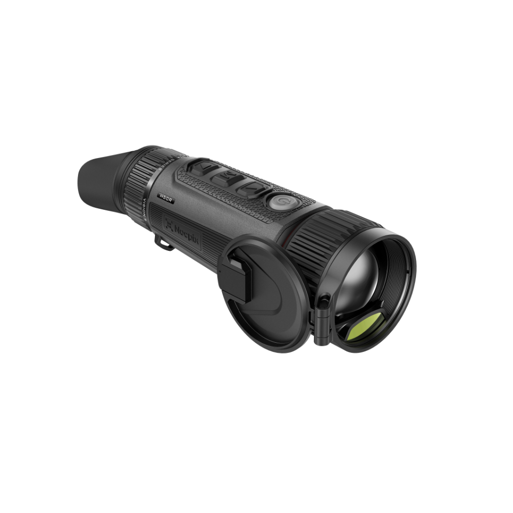 A black thermal monocular device with a flip-down lens cover, shown at an angle.