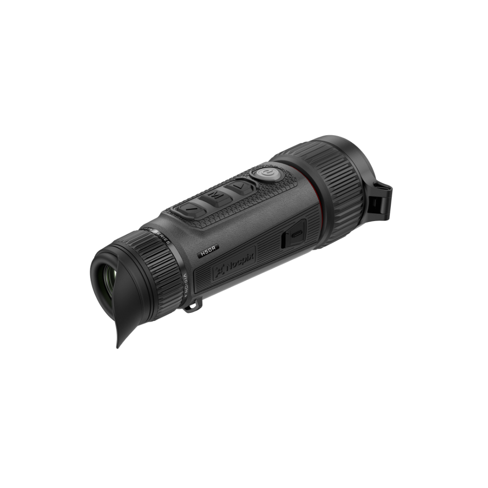 A black thermal monocular device with a rubberized grip, textured controls, and a front lens cover.