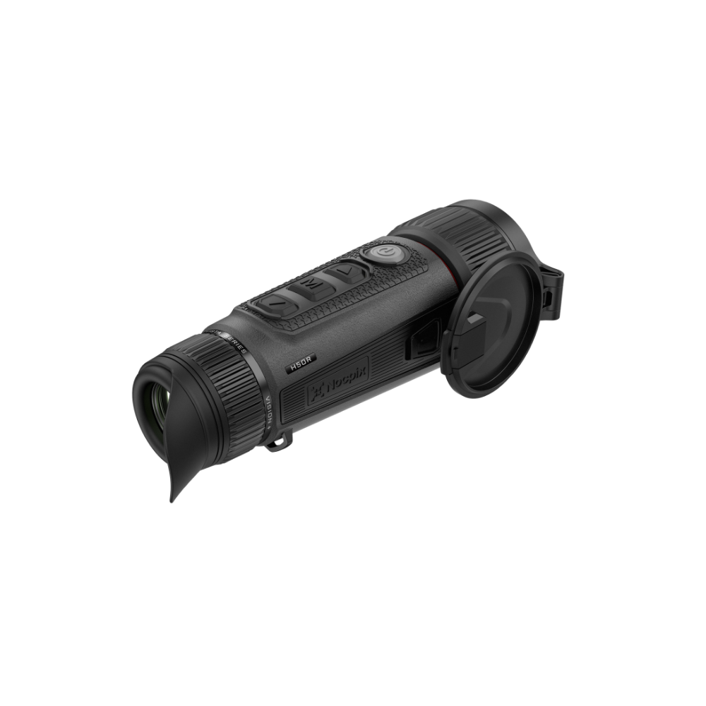 A black thermal monocular device with a flip-up lens cover, shown at an angle.