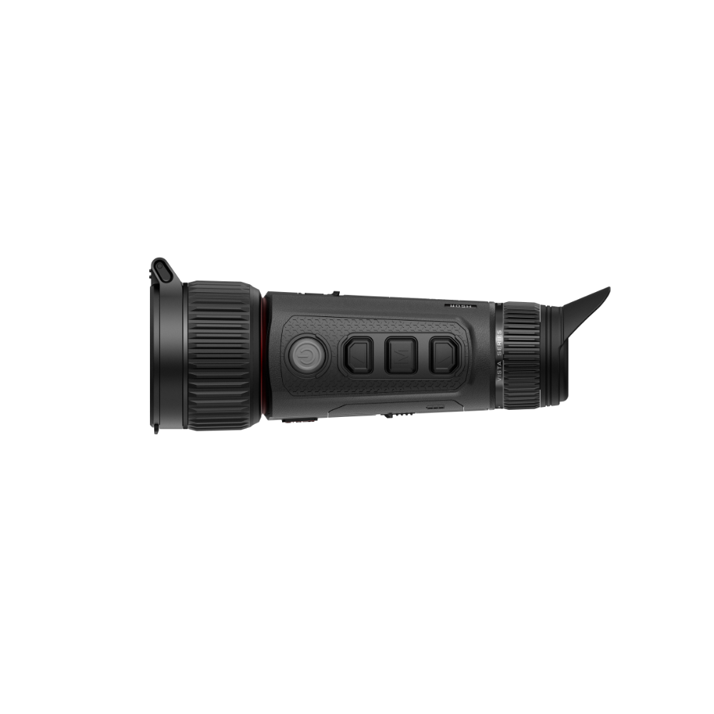A black thermal monocular device shown from a side profile view.