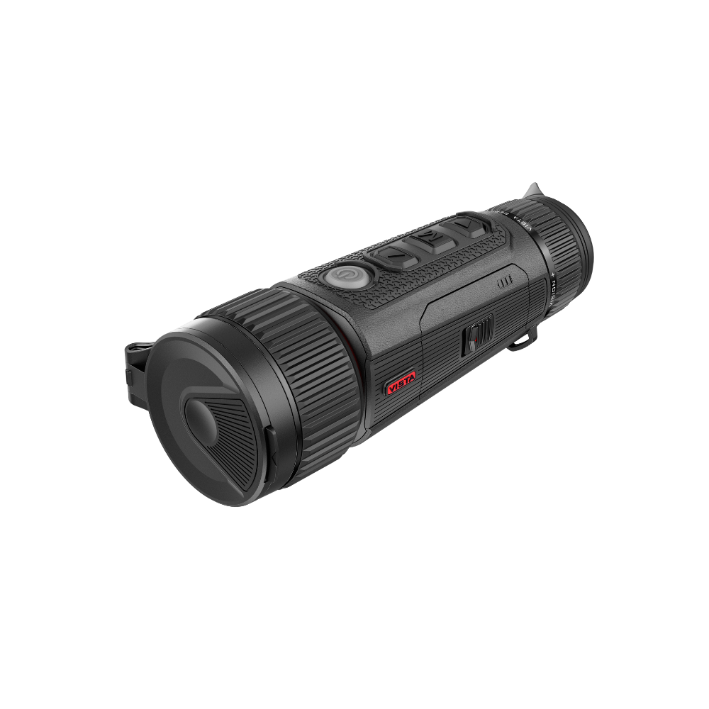 A black thermal monocular device with a textured grip, side buttons, and a small red Vista logo.