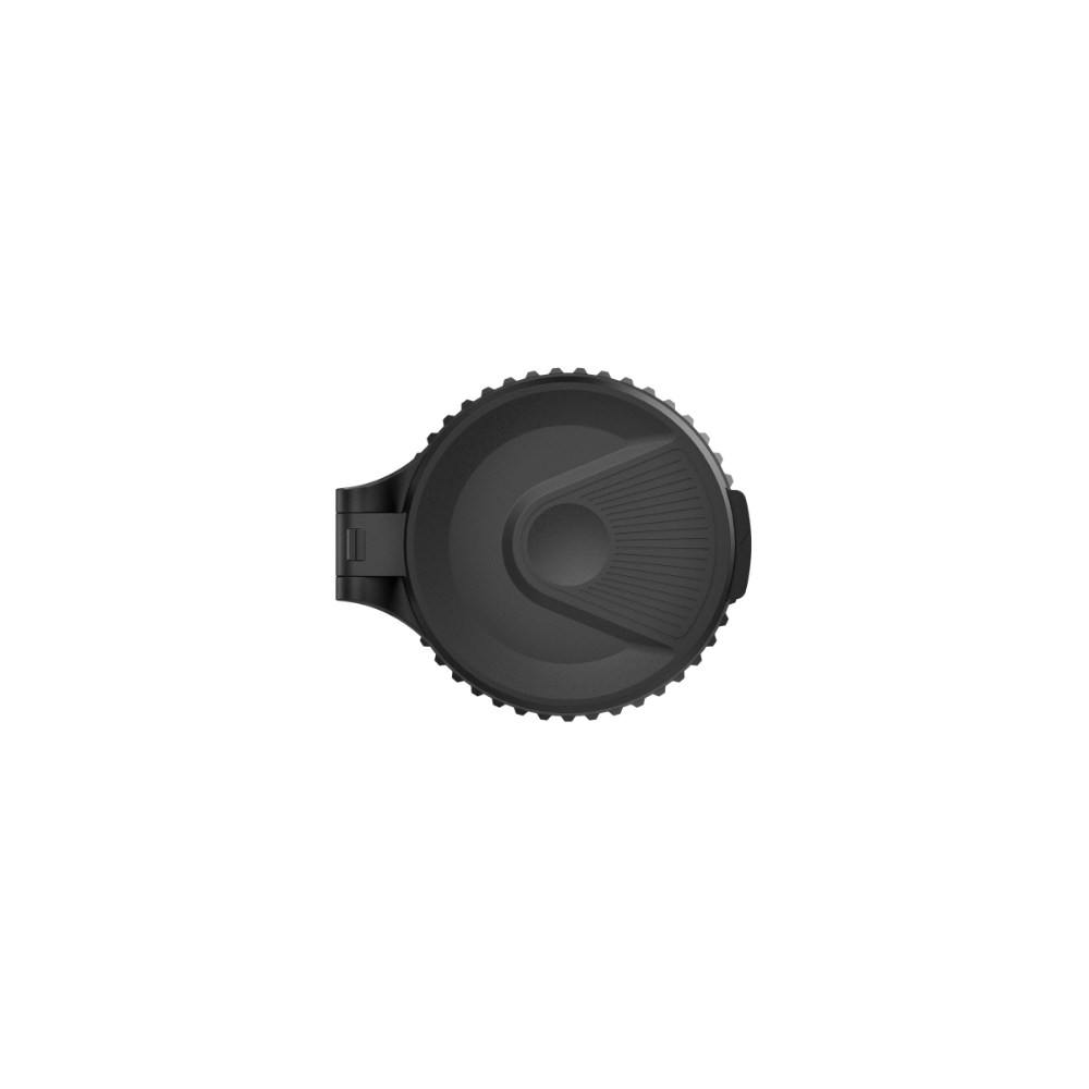 A black thermal monocular device shown from a front view with lens cap on.