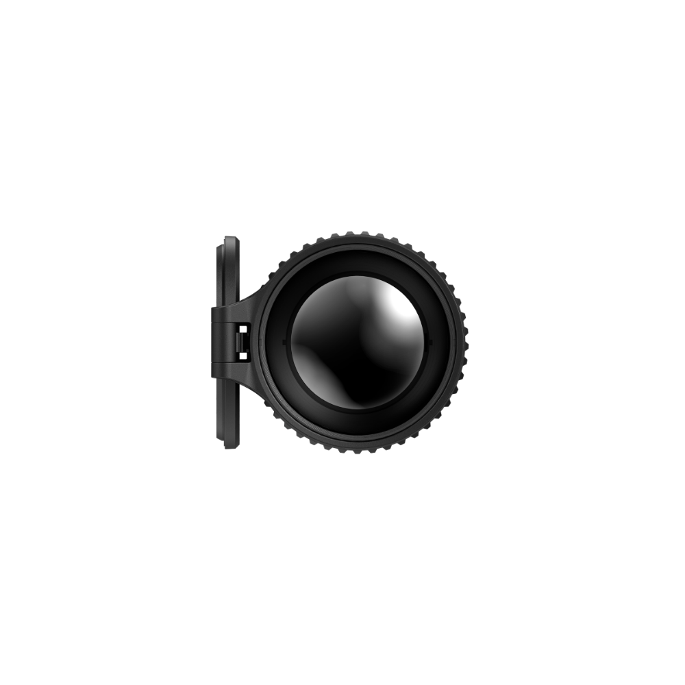 A black thermal monocular device shown from a front view with lens cap off.