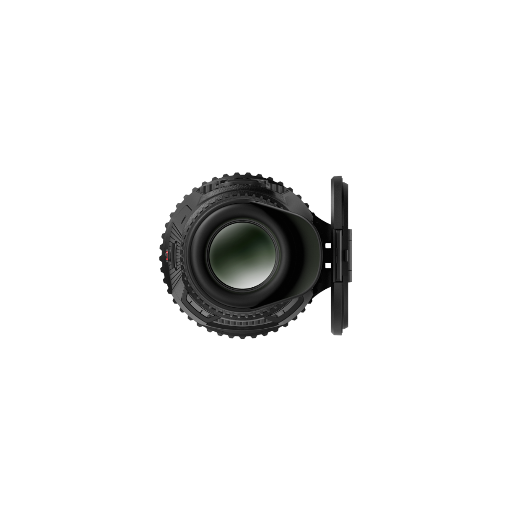 A black thermal monocular device shown from a front view.