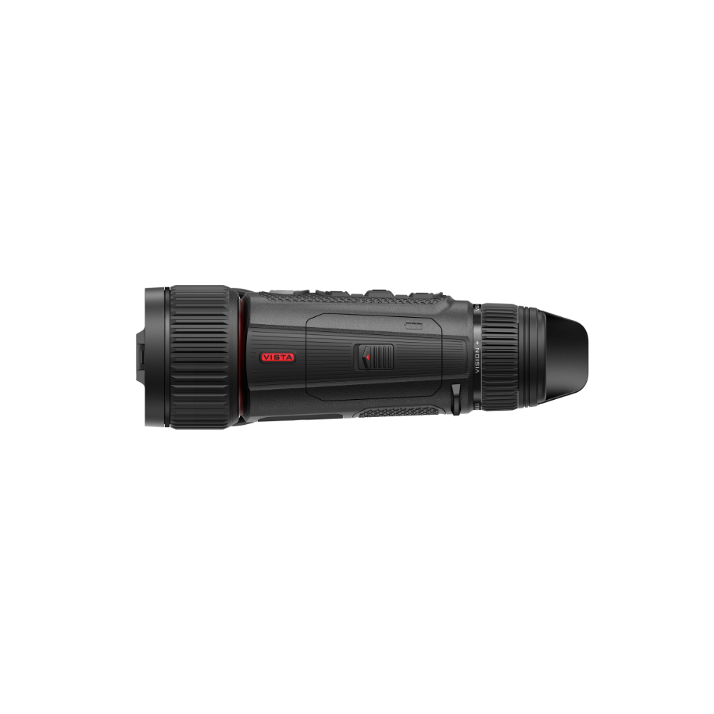 A black thermal imaging monocular with red accents, shown horizontally.
