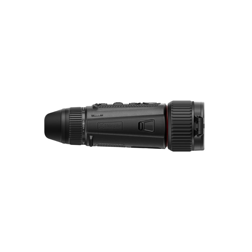 A black thermal monocular device shown from a side profile view.
